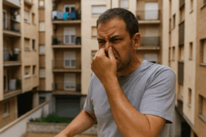Hombre tapándose la nariz por los malos olores en su comunidad